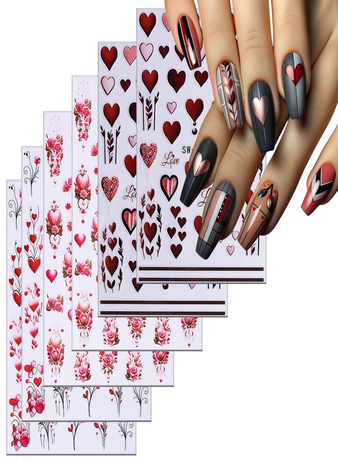 CJDLTS Valentine's Heart Nail Art Stickers Retro Heart Nail Decals 3D Self-Adhesive Rose Flower Love Design Valentine's Stickers Heart-Shaped Tree Branches Decals DIY Nail Decorations for Women Festival - Image 1